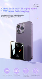 Portable power bank with digital display and fast charging cable on a light purple background