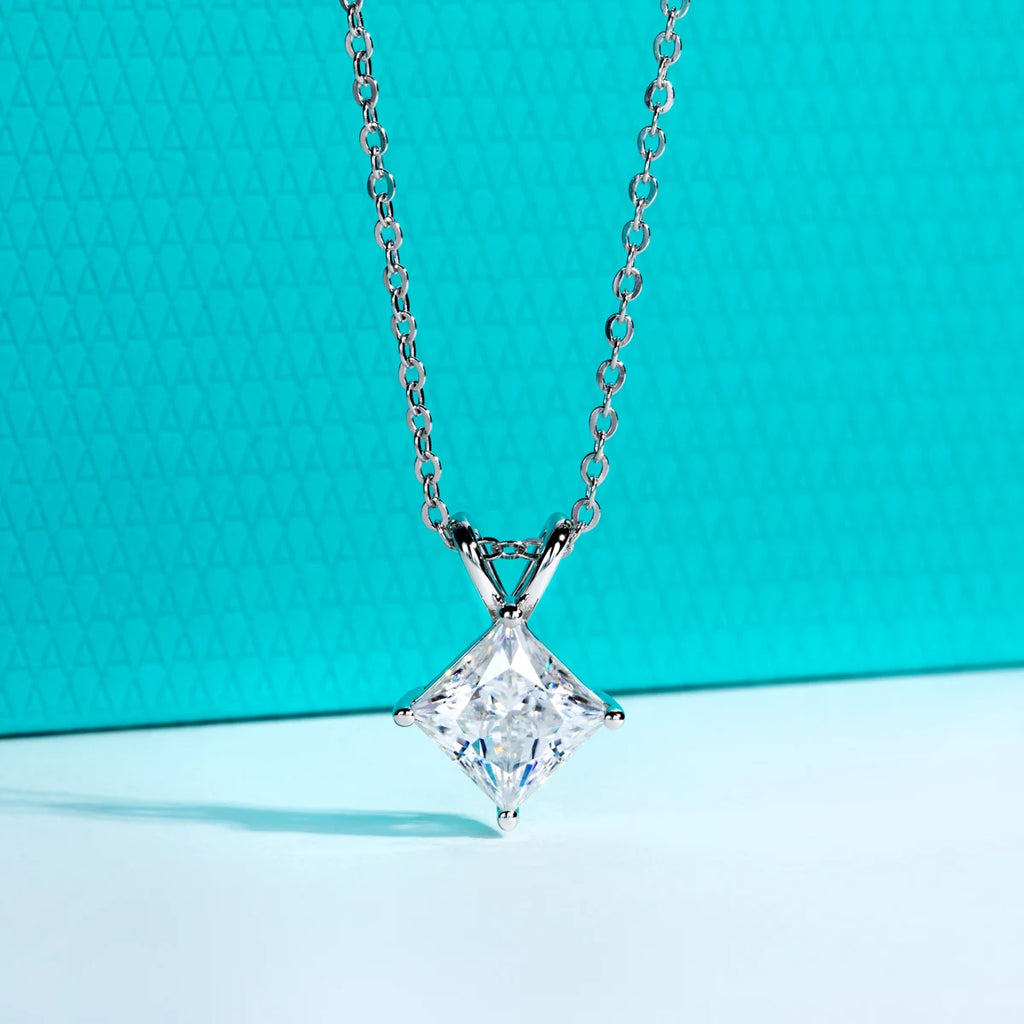 Princess Cut Moissanite Pendant Necklace - 925 Sterling Silver D Color