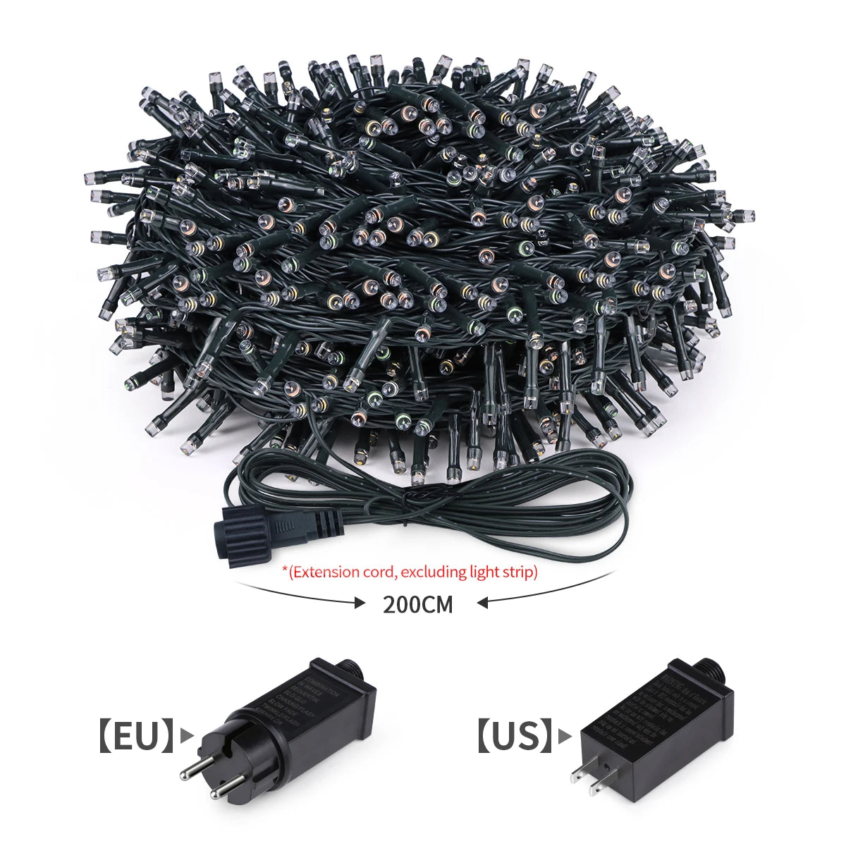 String lights with extension cord and plug adapters on a white background