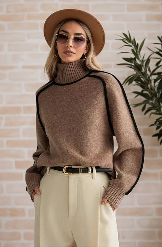 Woman wearing a brown turtleneck sweater with black accents, beige pants, and a hat against a brick wall.