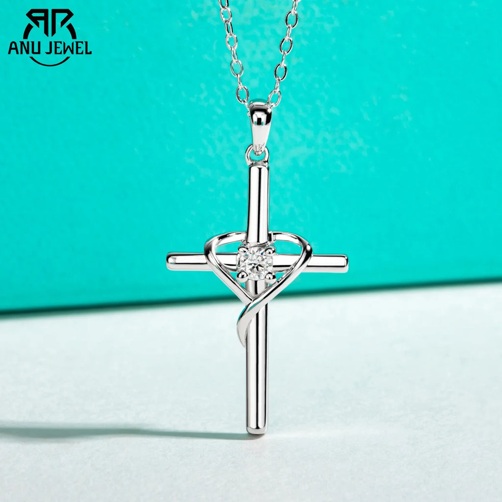Moissanite Cross Heart Pendant Necklace - 925 Silver 18K Gold Plated