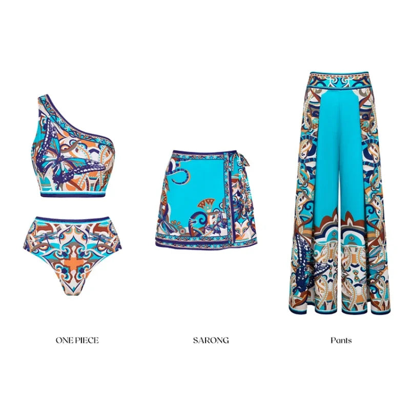 One Shoulder V-Neck Bikini - Vintage Print Swimwear