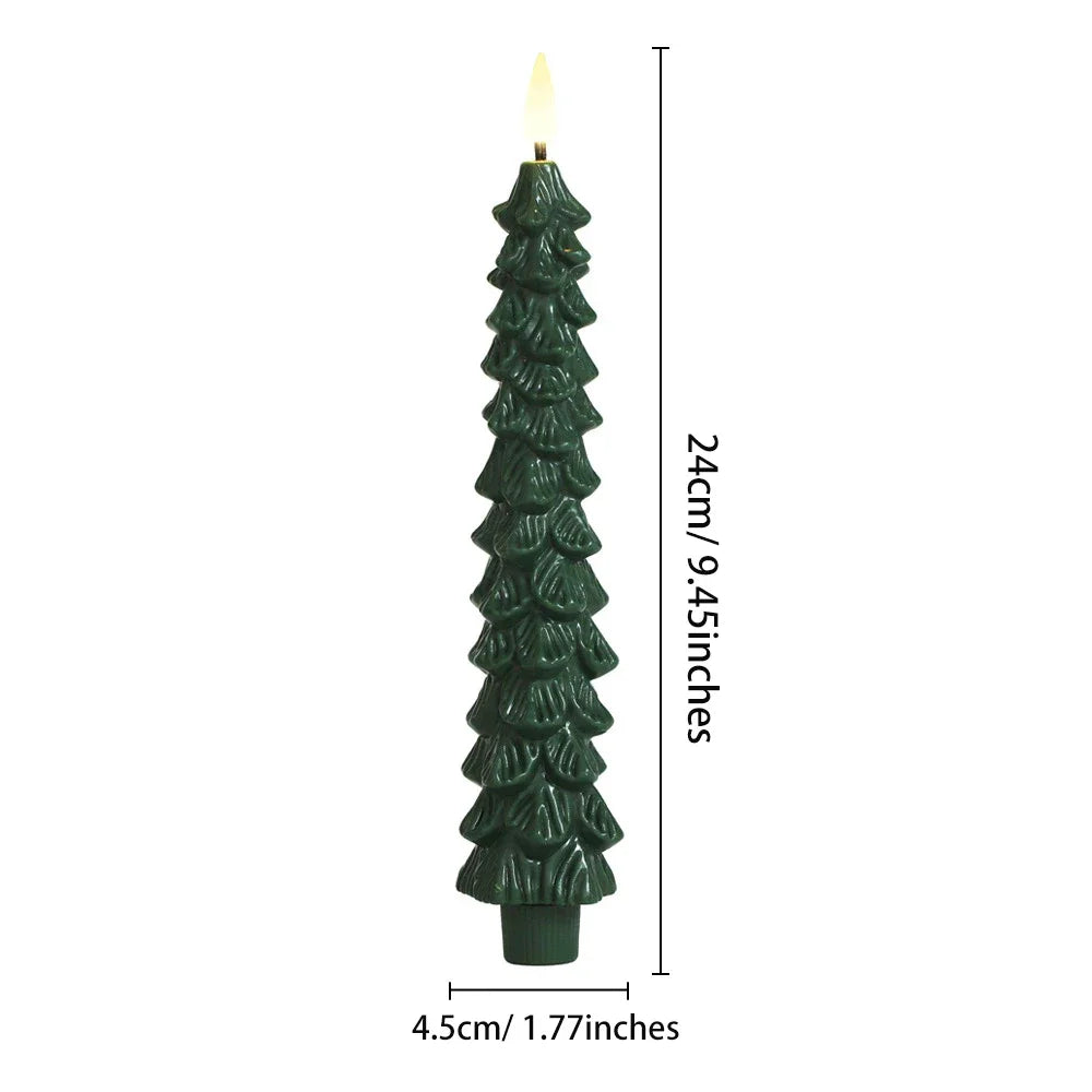 Green candle shaped like a Christmas tree with measurements on a white background