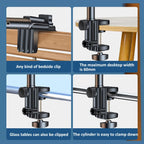 Product features of a clamp on a wooden surface with text indicating its compatibility and usage.