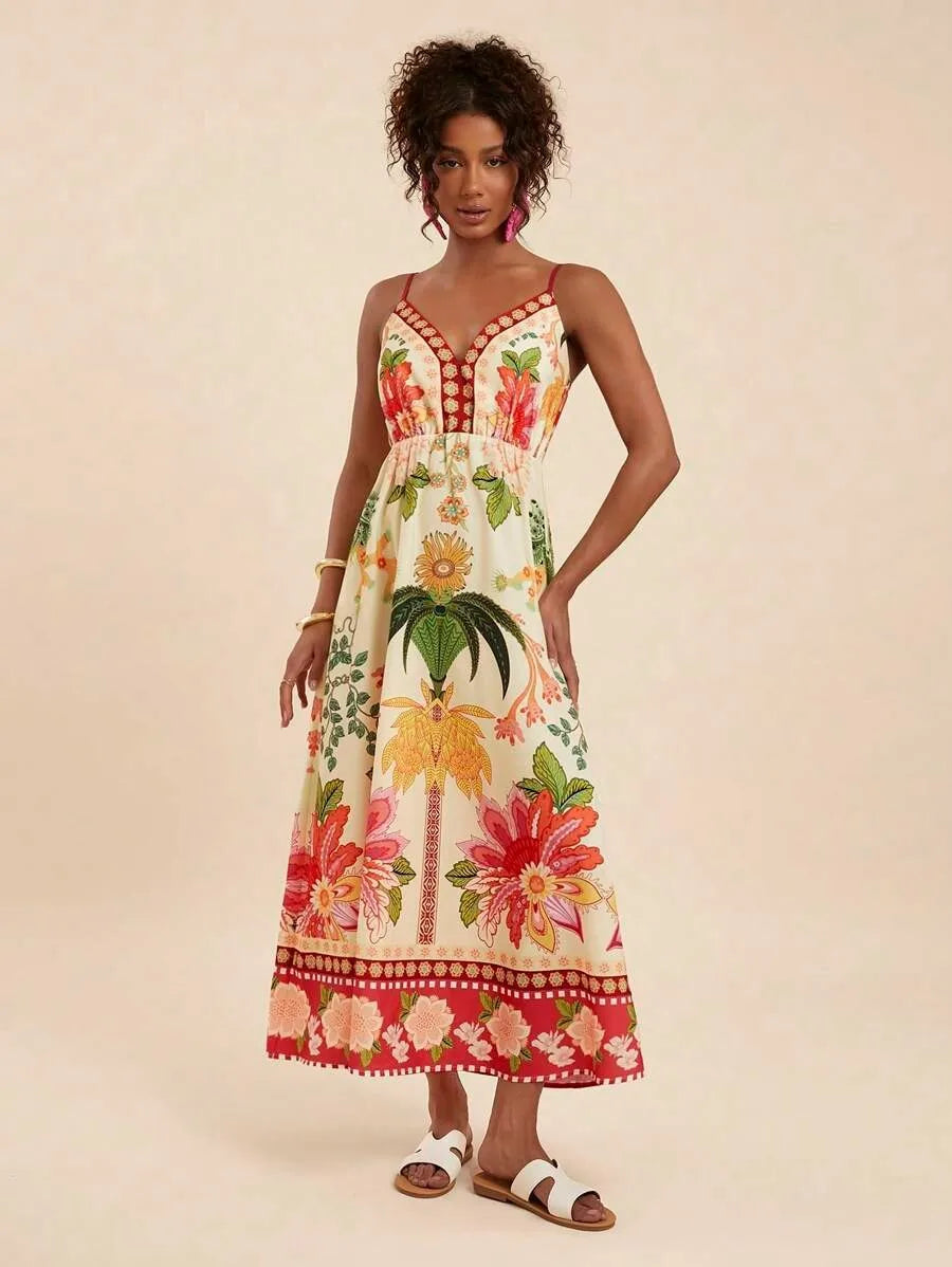 Floral Print Off-Shoulder Maxi Dress - Spaghetti Strap A-Line