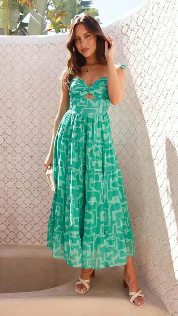 Floral Print Maxi Dress - A-Line Strap Vacation Dress