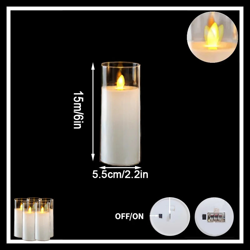 White LED candle with dimensions and power switch illustration on a black background