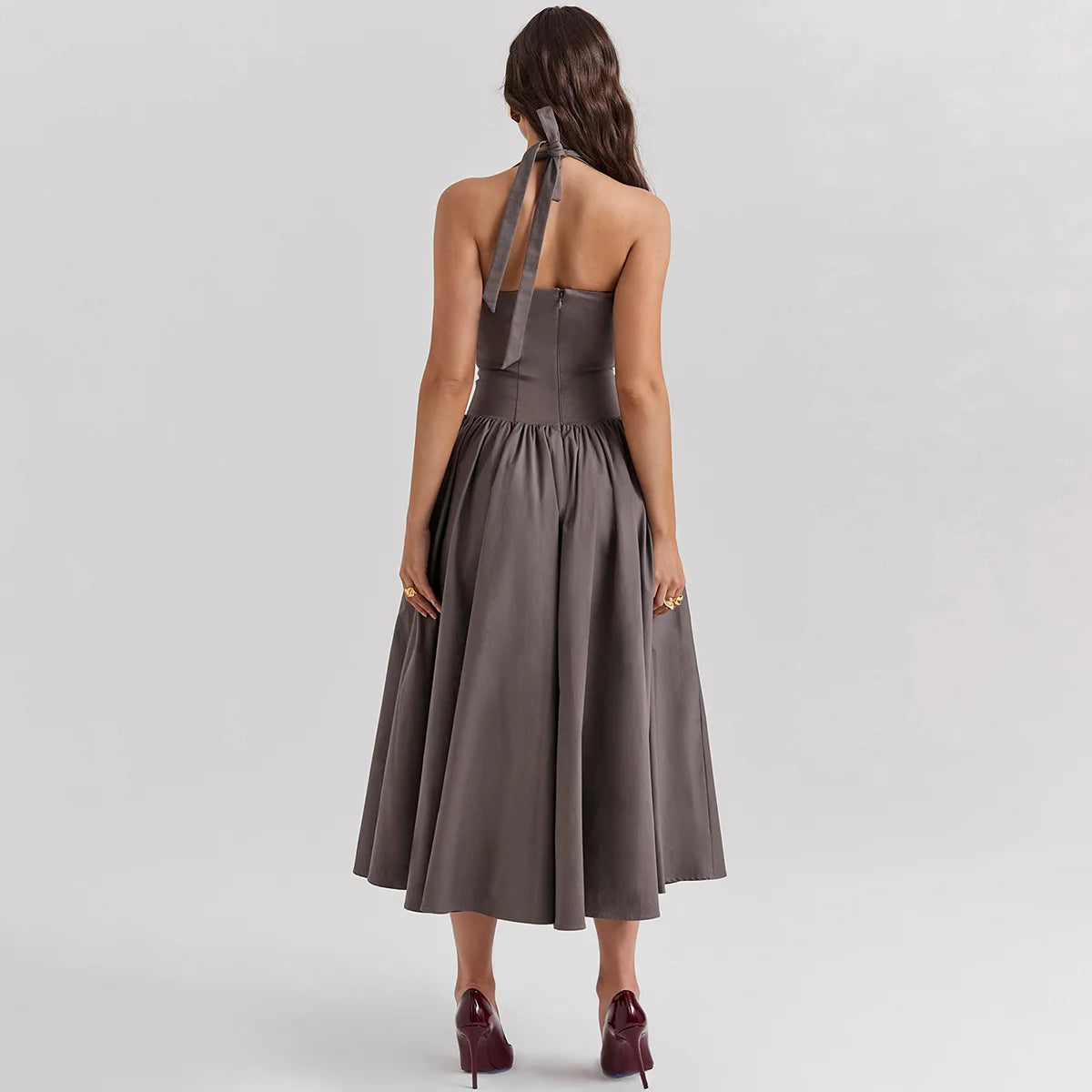 Halter Neck Fit and Flare Midi Dress - Cottagecore Style