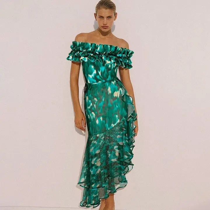 Bandeau Ruffled Swimsuit - Green Blooming Print Beachwear