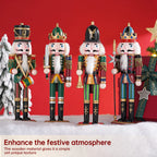 Four decorative nutcrackers in festive attire against a red background with Christmas elements.