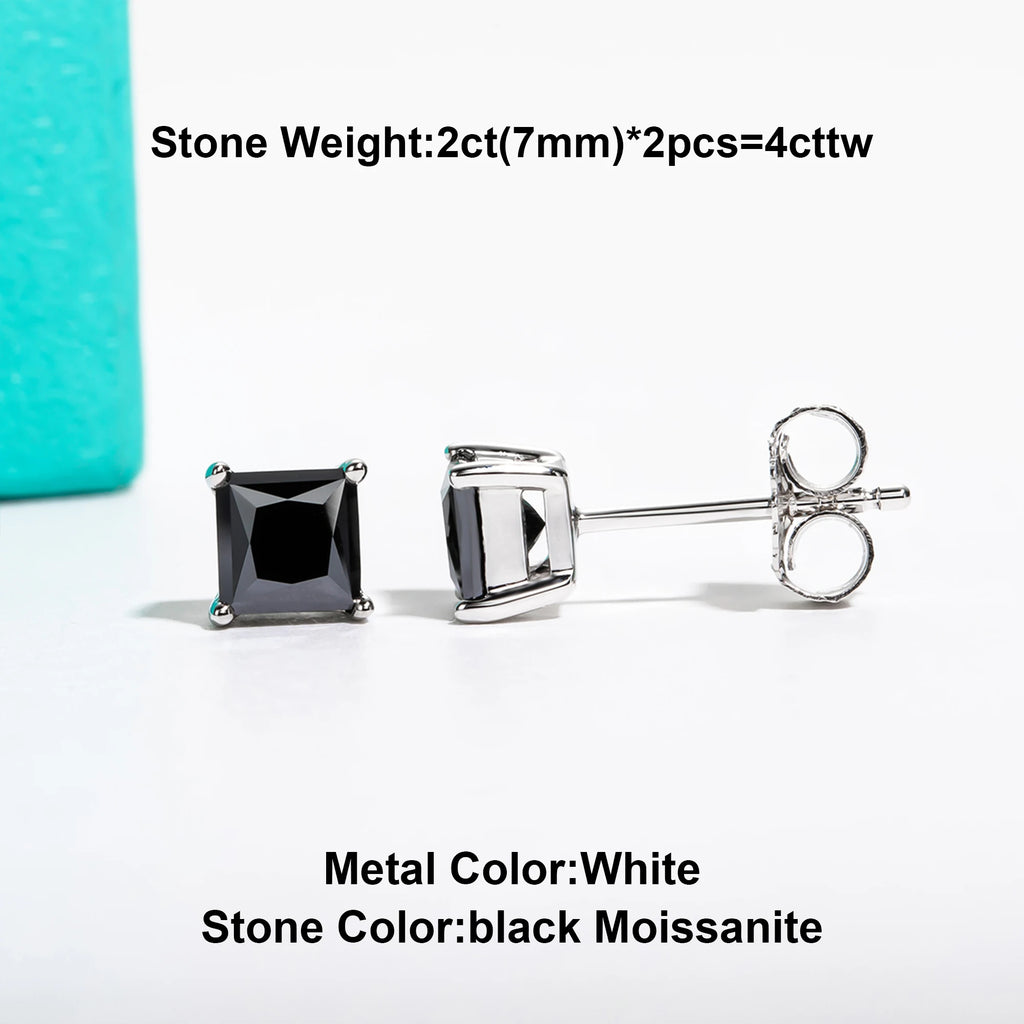 Black moissanite stud earrings with white metal on a light background