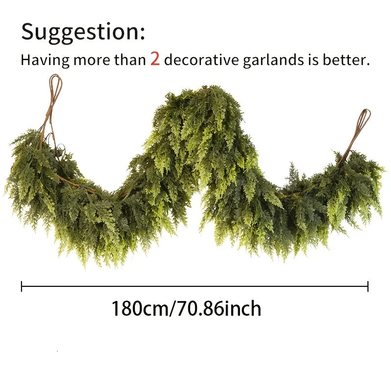Green decorative garland with measurement details on a white background
