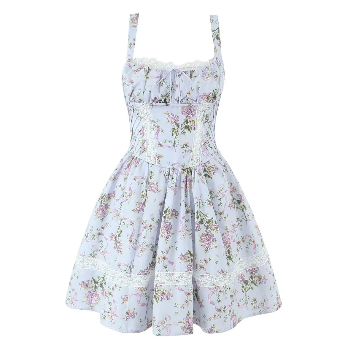 French Style Floral Print Lace Dress - Cottagecore Style