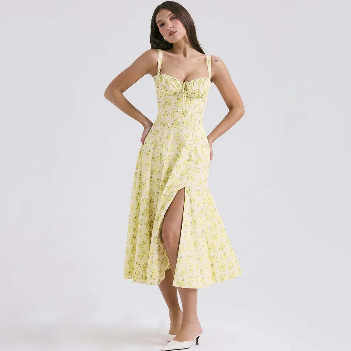 Floral Print Spaghetti Strap Midi Dress with Slit - Cottagecore Style