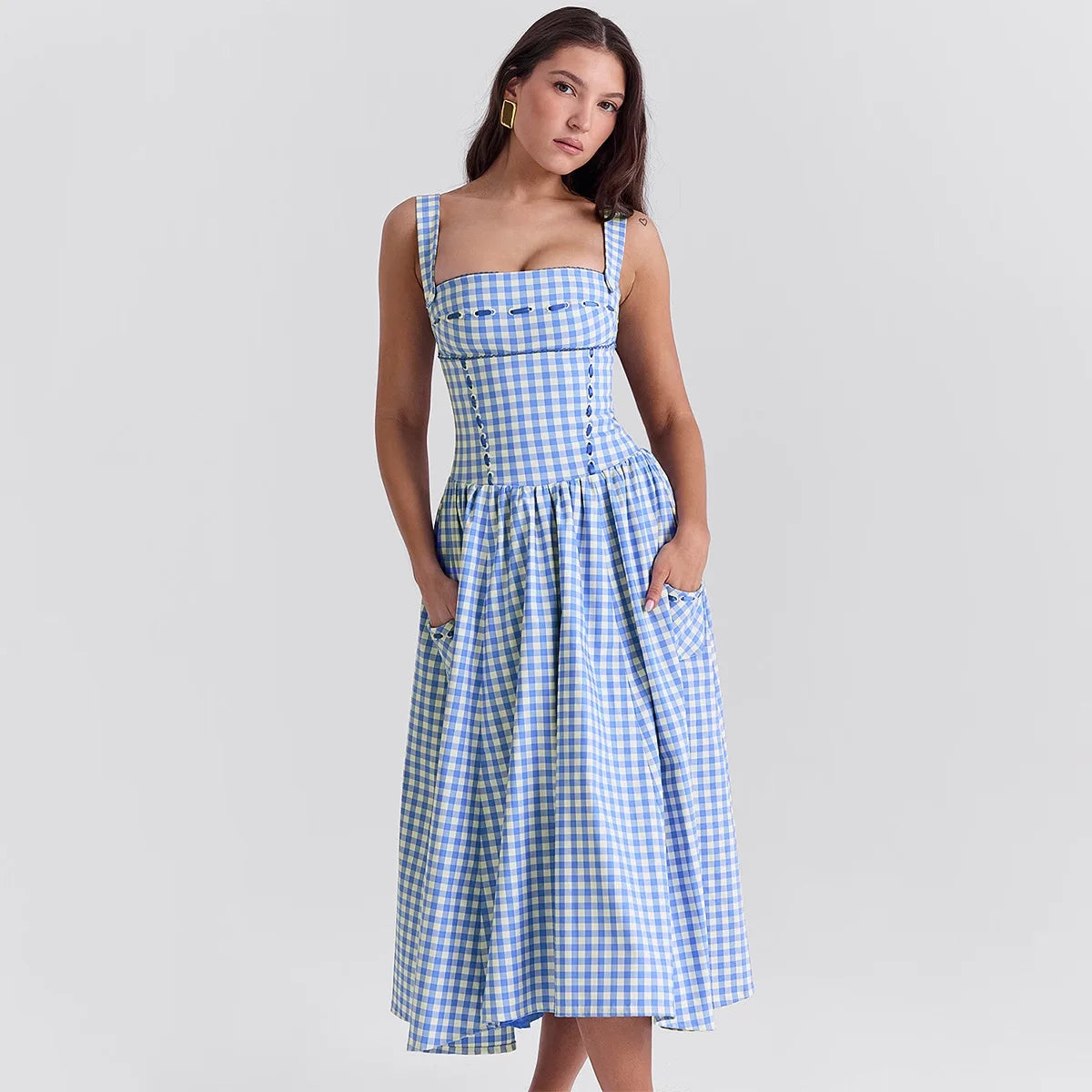 Plaid Spaghetti Strap Maxi Dress with Pockets - Cottagecore Style