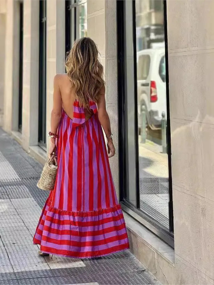 Striped Halter Neck Maxi Dress - Backless Lace-Up Vacation Dress