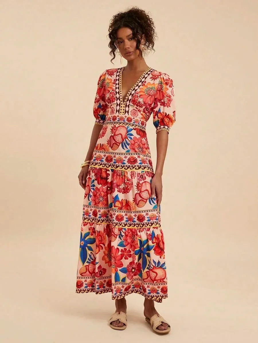 Floral Print Bubble Sleeve Maxi Dress - V-Neck Summer Dress