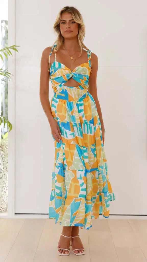 Floral Print Maxi Dress - A-Line Strap Vacation Dress