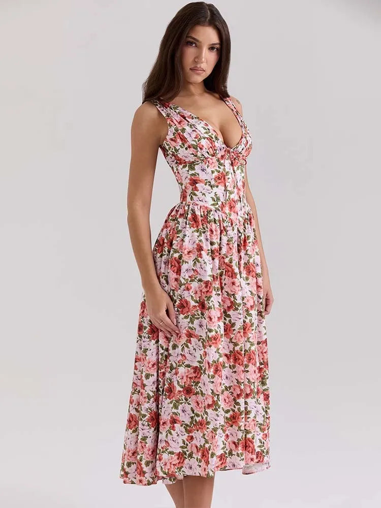 Print A-Line Midi Dress with V-Neck - Cottagecore Style