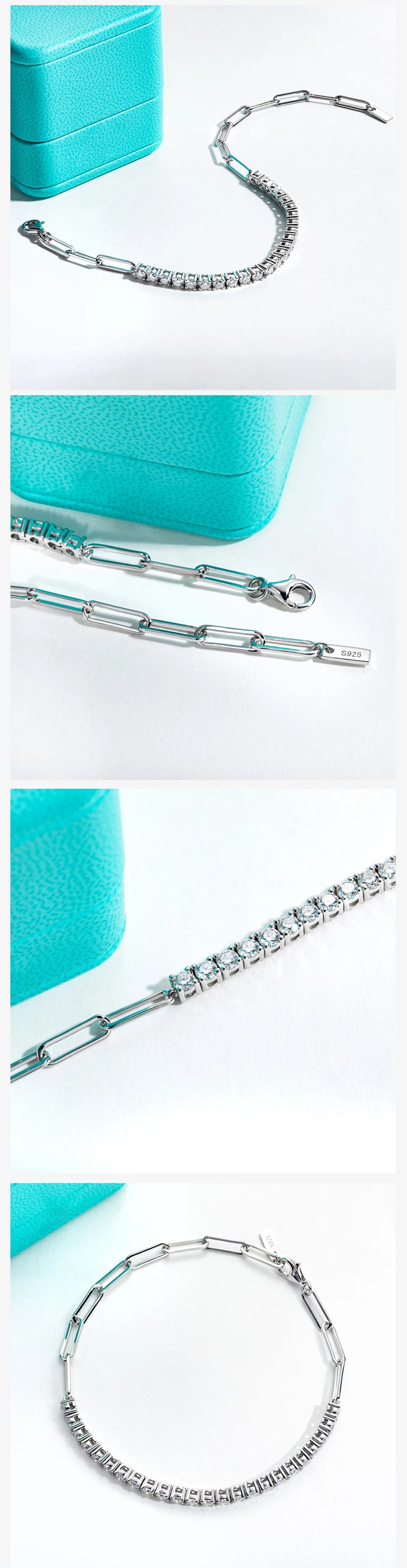 Silver bracelet displayed against a turquoise background
