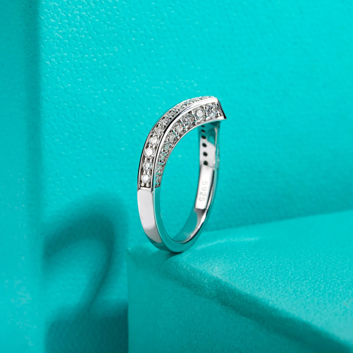 2mm Moissanite V-Shape Wedding Band - Sterling Silver Chevron Ring