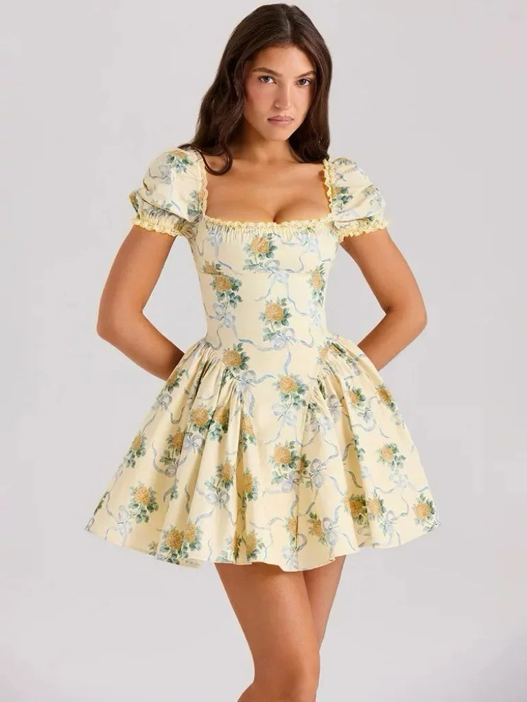Floral Print Bubble Sleeve Mini Dress - Waist-Cinched A-Line - Cottagecore Style