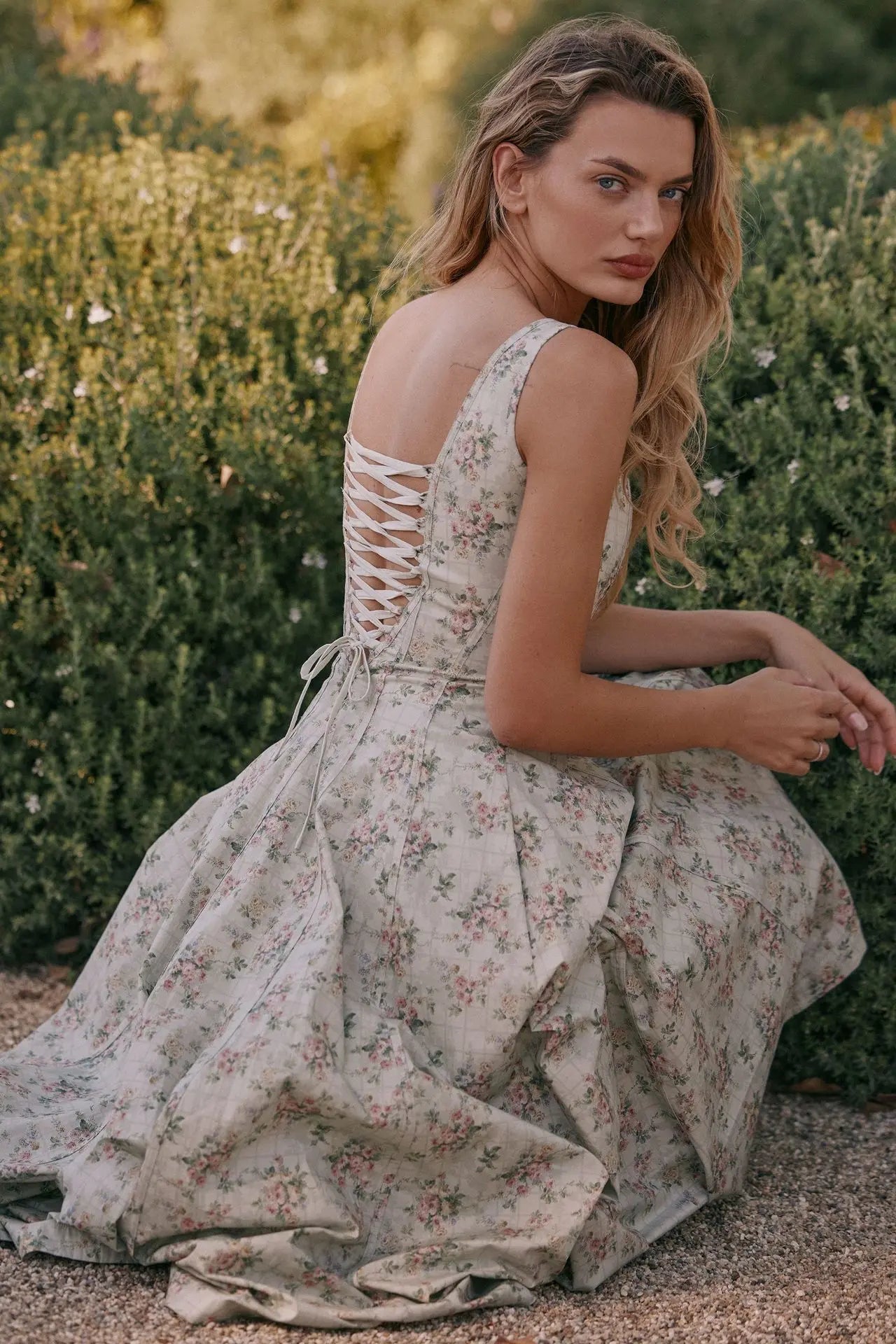 Lace-Up Midi Dress - Cottagecore Style