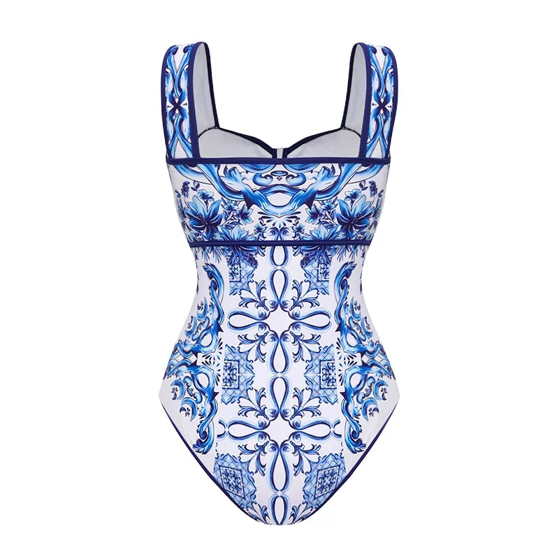 Bow Decor Majolica Print Swimsuit - Elegant Beachwear