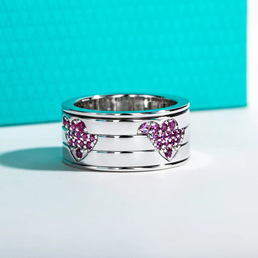 Moissanite Heart Spinner Band - Sterling Silver Fidget Wedding Ring