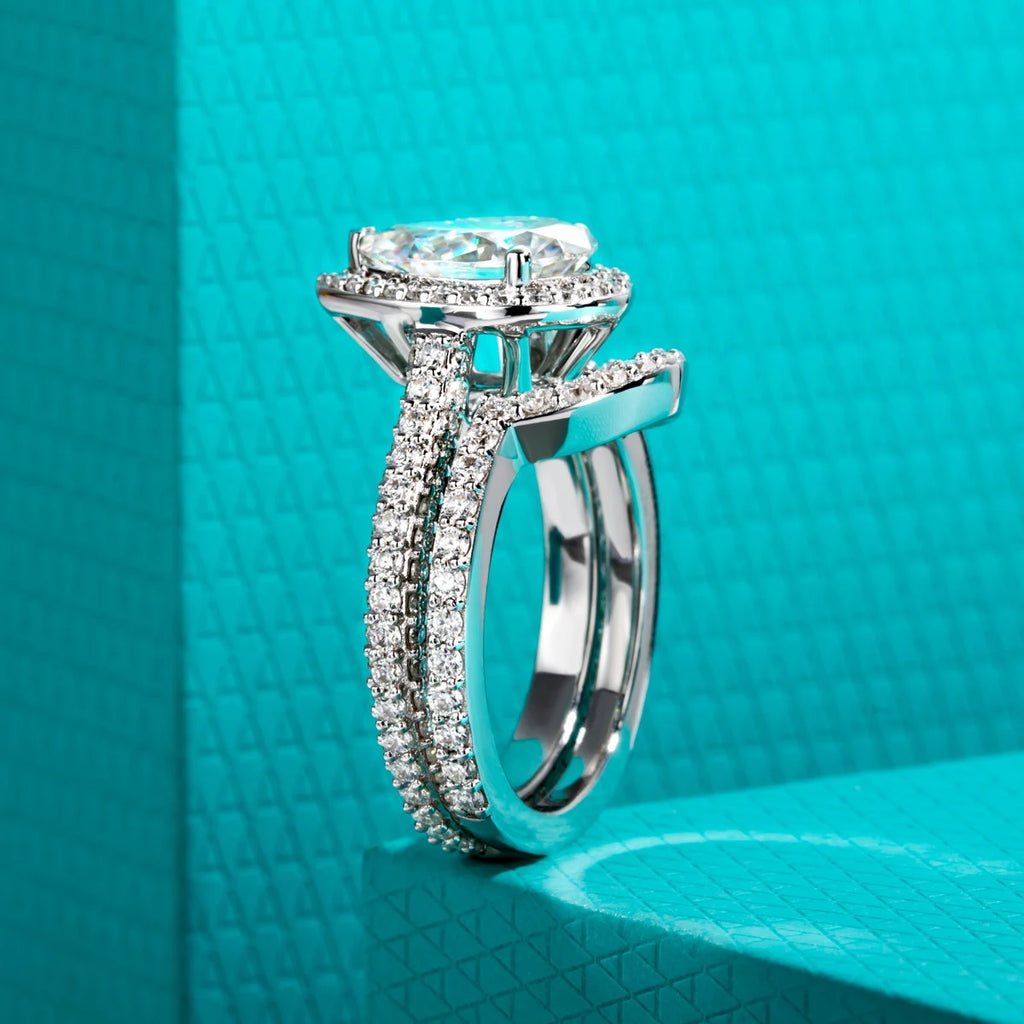 4.83ct Pear Cut D-Color Moissanite Halo Bridal Ring Set - 925 Sterling Silver