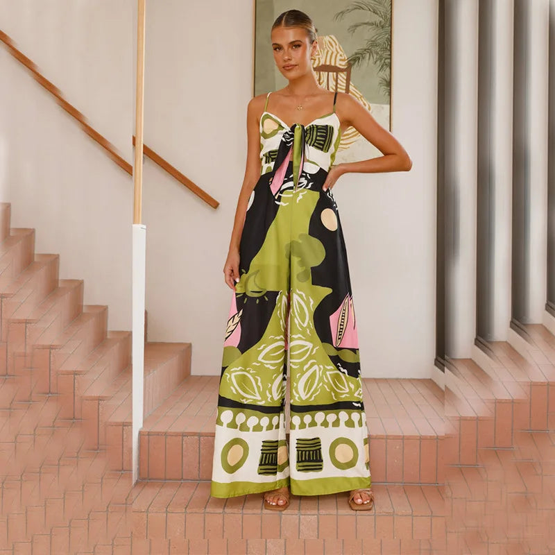 Printed Spaghetti Strap Jumpsuit - Lace-Up Wide Leg Boho Romper