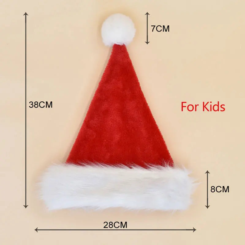 Red Santa hat with white trim and measurements on a beige background
