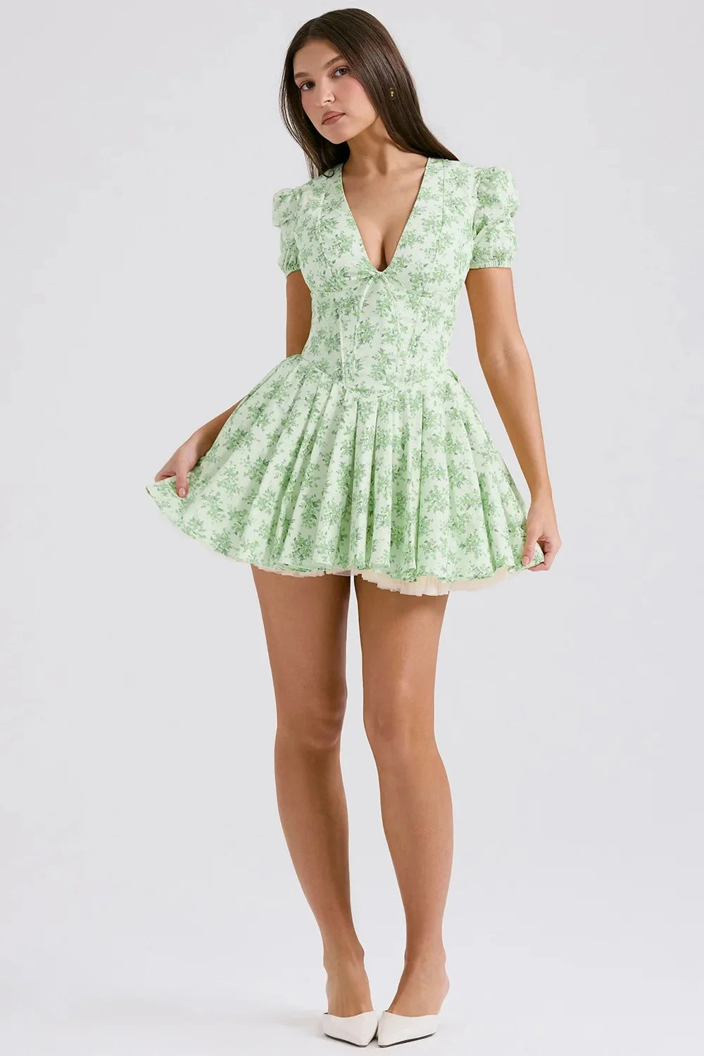 Puff Sleeve Mini Dress - A-Line Waist-Fitted - Cottagecore Style