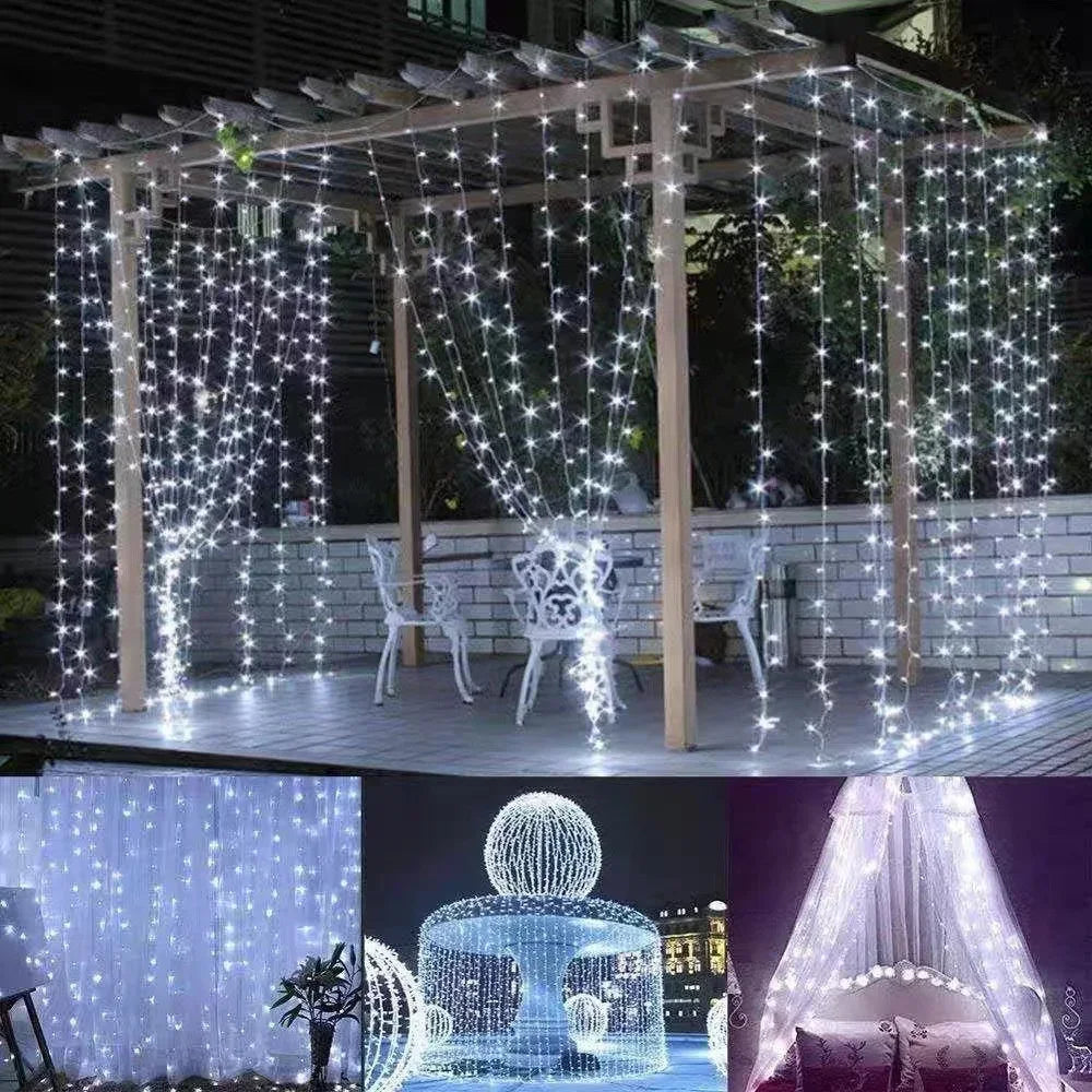 String lights draped over a pergola with outdoor furniture underneath, creating a festive atmosphere.
