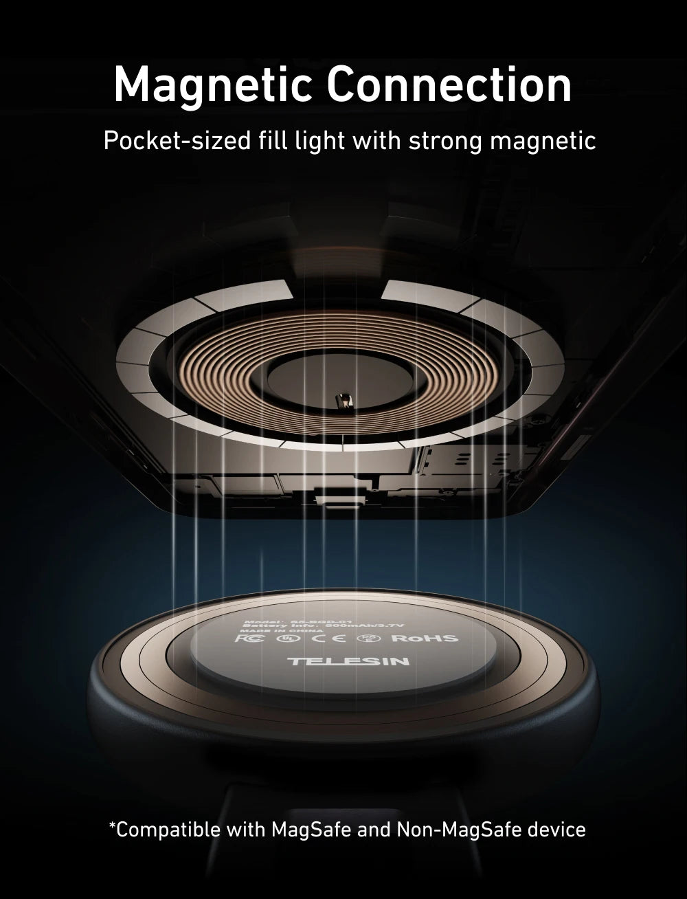 Pocket-sized fill light with strong magnetic connection on a dark background, featuring the brand 'Telesin'.