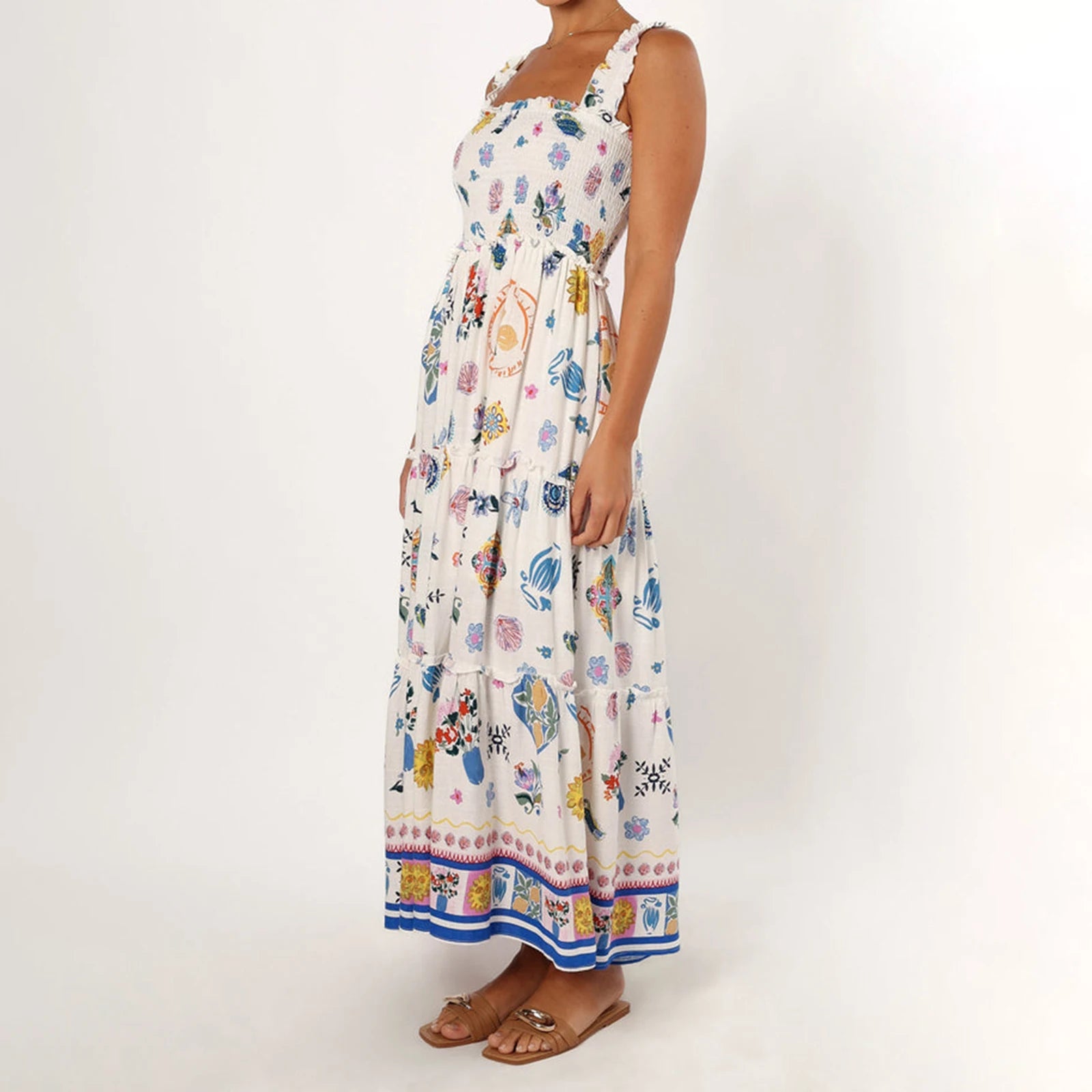 Woman wearing a floral dress on a white background