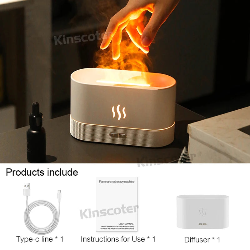 Kinscoter flame diffuser with hand holding a flame, product packaging, and included items displayed below.