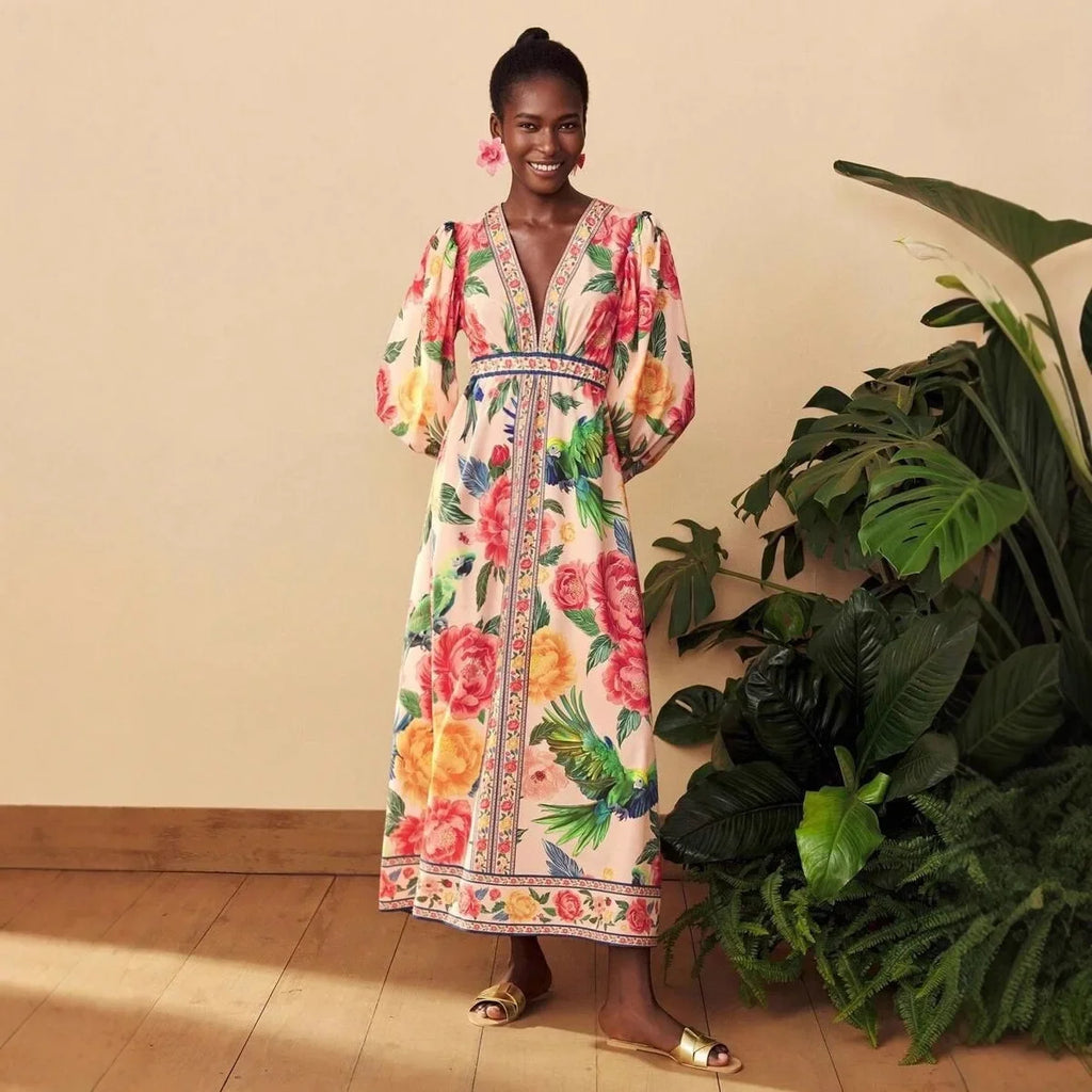 Bohemian Lantern Sleeve Midi Dress - V-Neck Loose Fit Dress