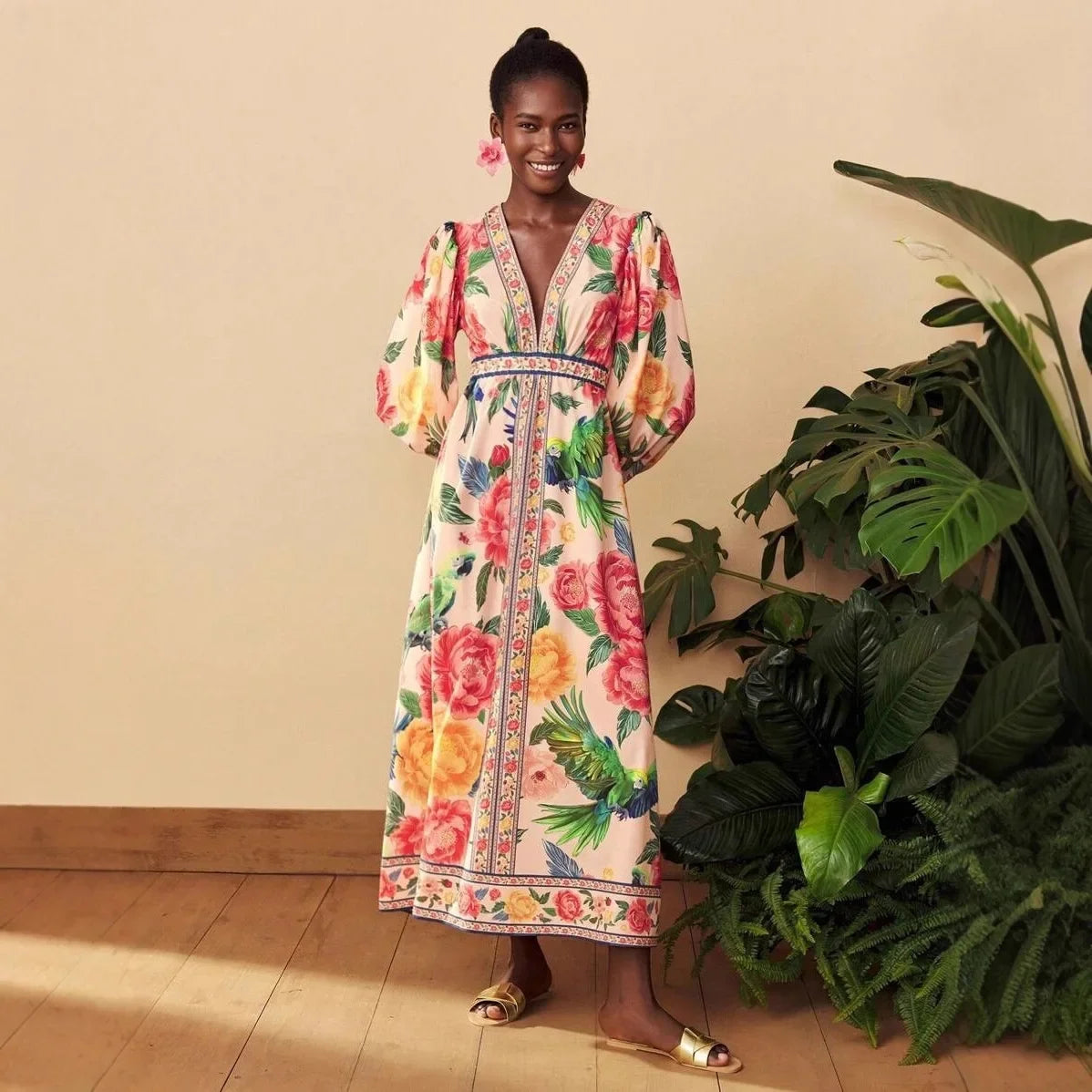 Bohemian Lantern Sleeve Midi Dress - V-Neck Loose Fit Dress