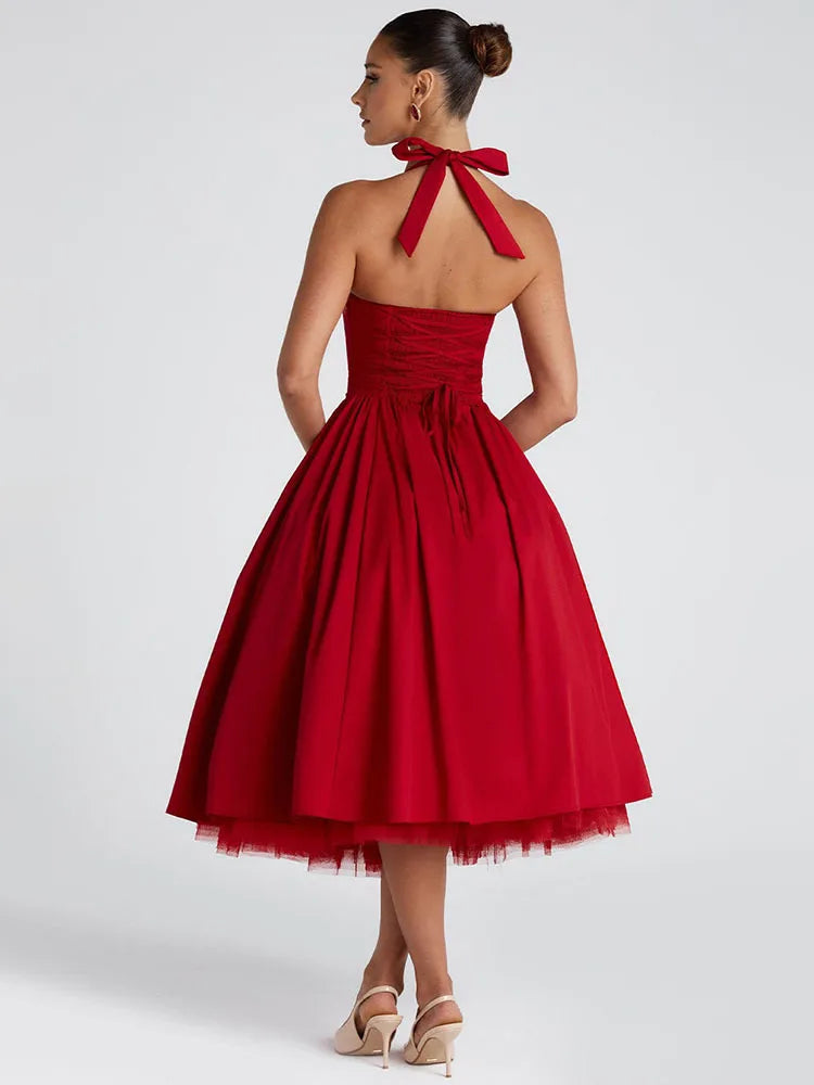 Halter Neck Backless A-Line Midi Dress - Cottagecore Style