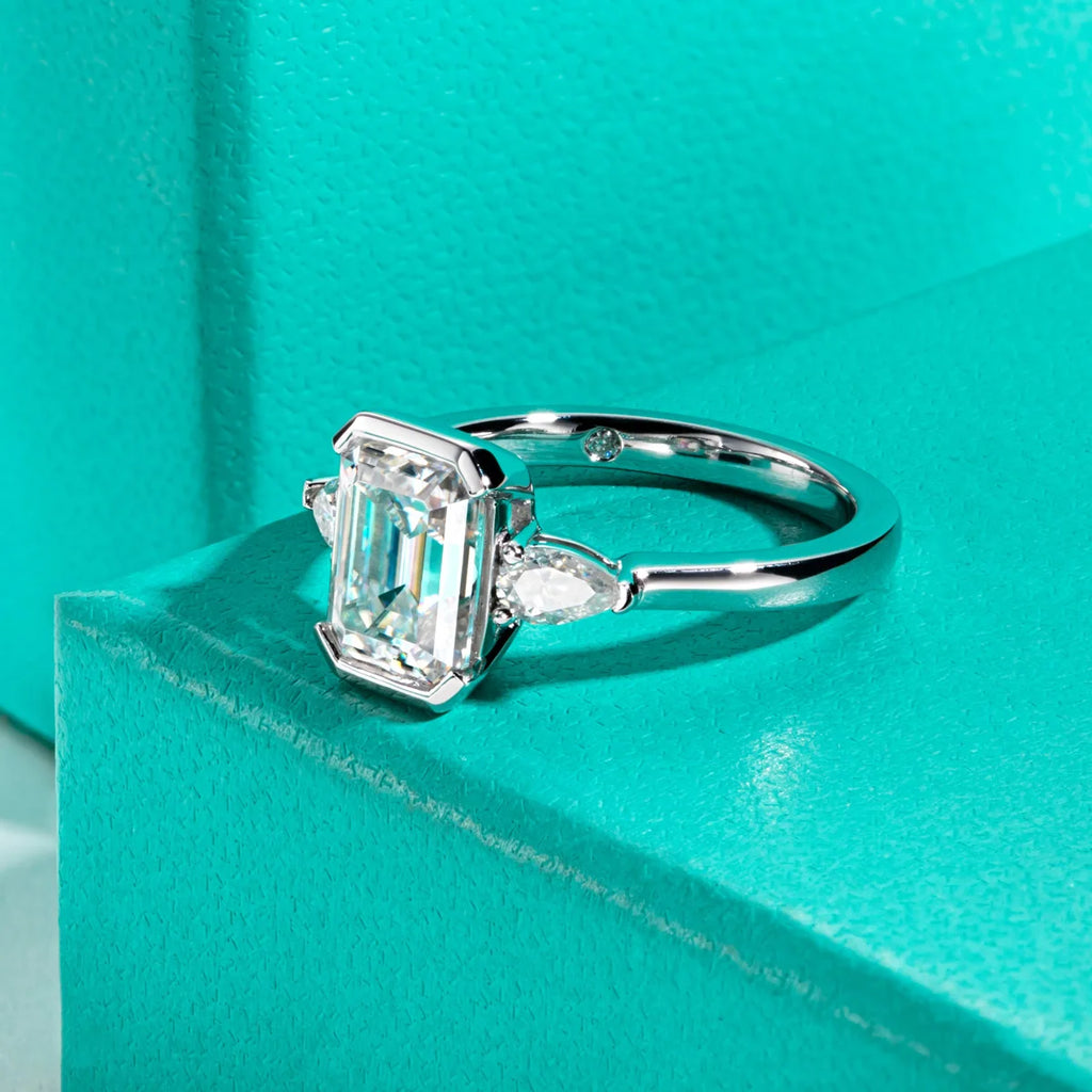 3.6ct Emerald Cut D-Color Moissanite Three Stone Engagement Ring - 925 Sterling Silver