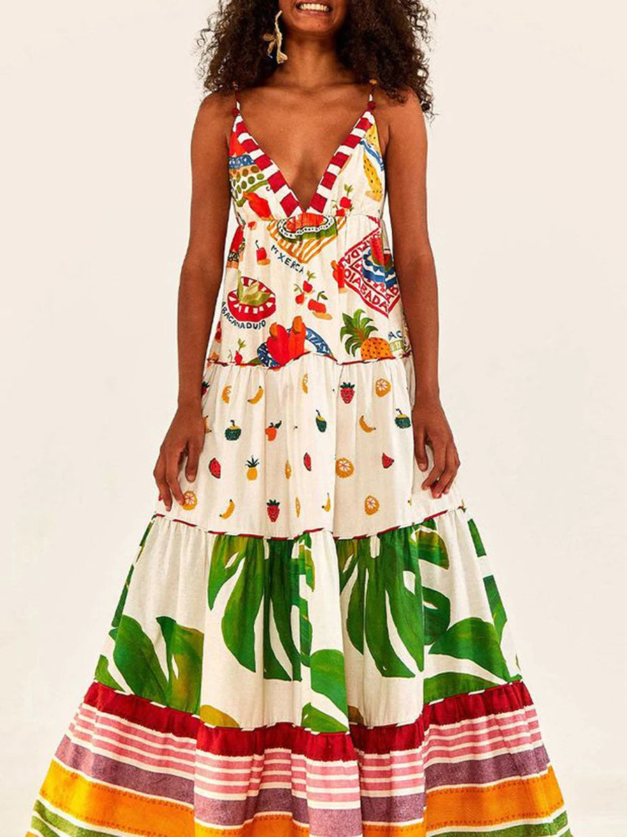 Tropical Fruit Print Maxi Dress - Spaghetti Strap Backless Summer Dress