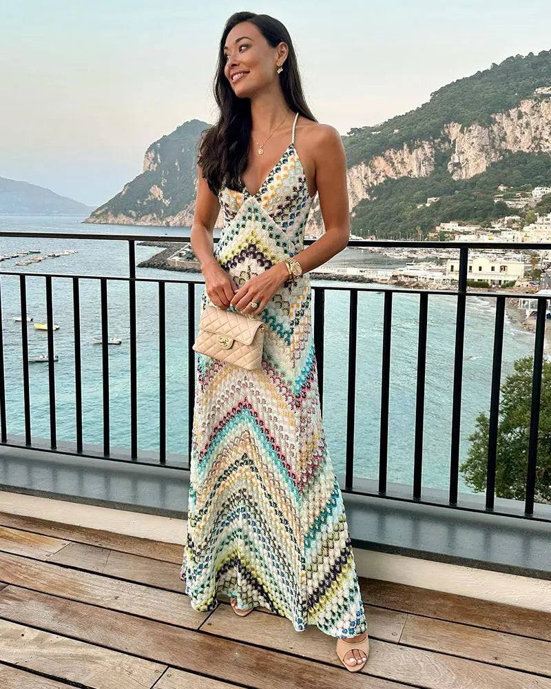 Crochet Halter Maxi Dress - V-Neck Backless Knit Dress