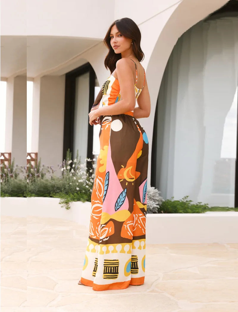 Printed Spaghetti Strap Jumpsuit - Lace-Up Wide Leg Boho Romper