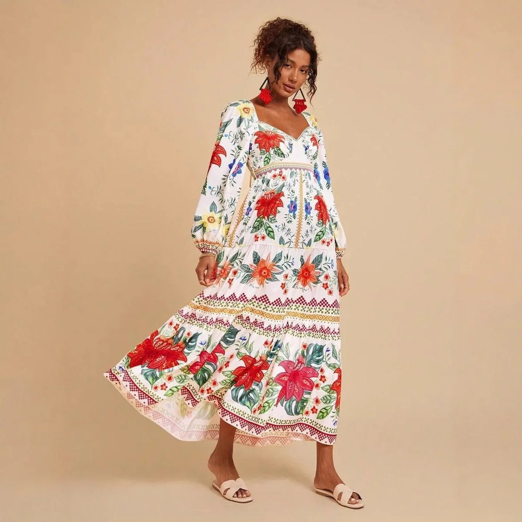 Floral Print V-Neck Maxi Dress - Long Sleeve Empire Waist