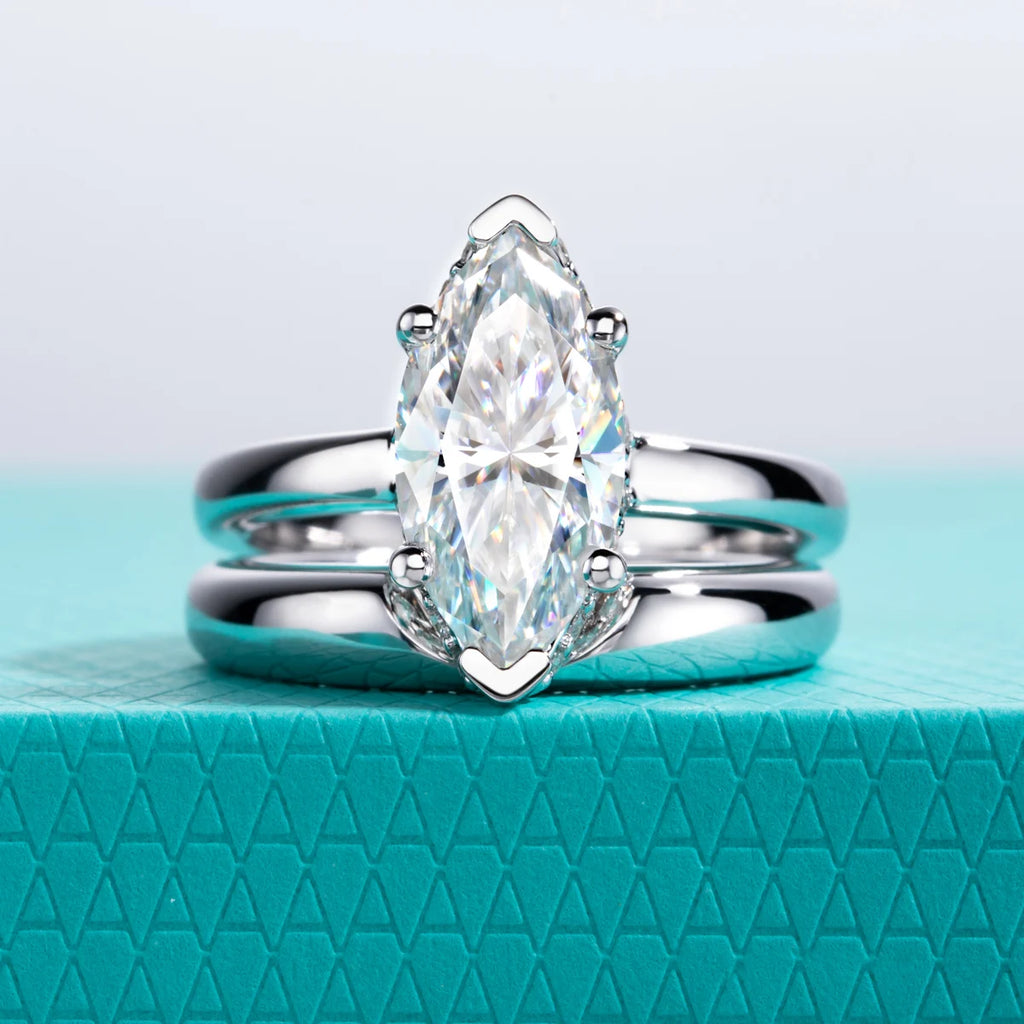 3ct Marquise Cut D-Color Moissanite Bridal Ring Set - 925 Sterling Silver