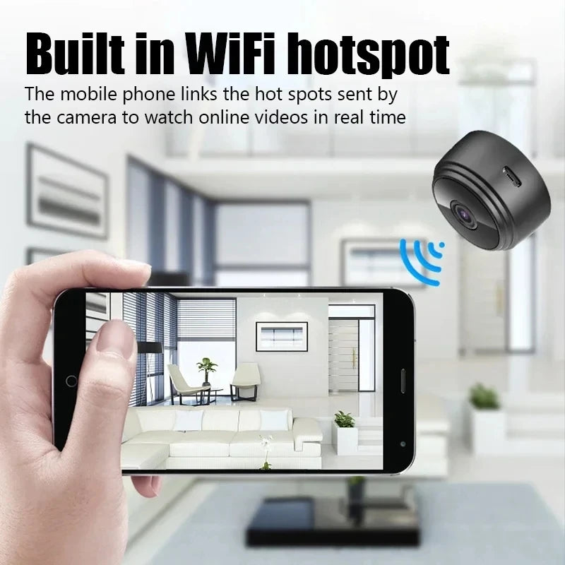 Small camera with WiFi hotspot feature displayed on a smartphone screen, with a blurred indoor background.