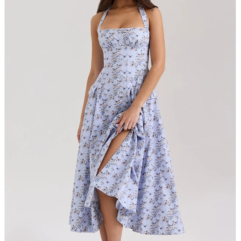 Halter A-Line Midi Dress - Cottagecore Style