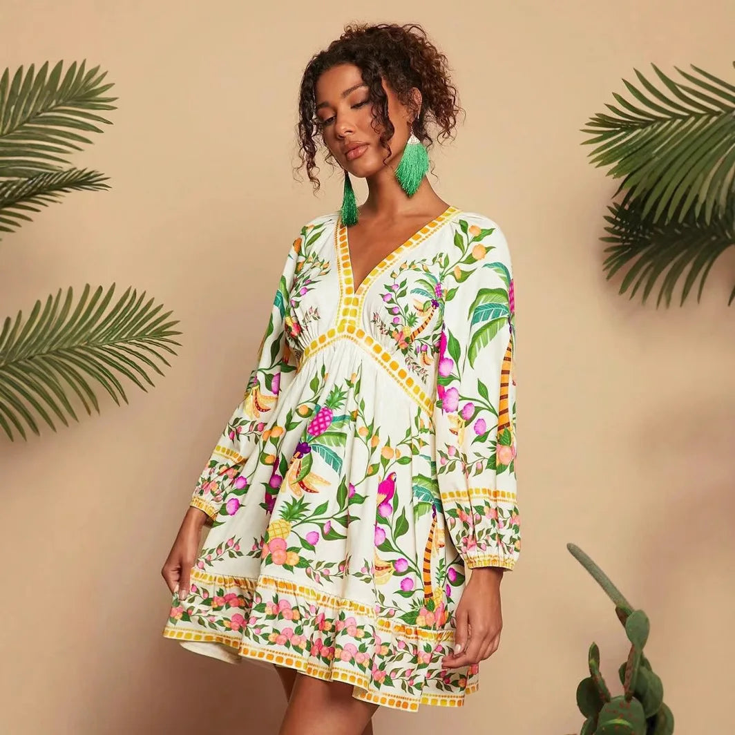 Floral Print V-Neck Midi Dress - 3/4 Sleeve High Waist Boho