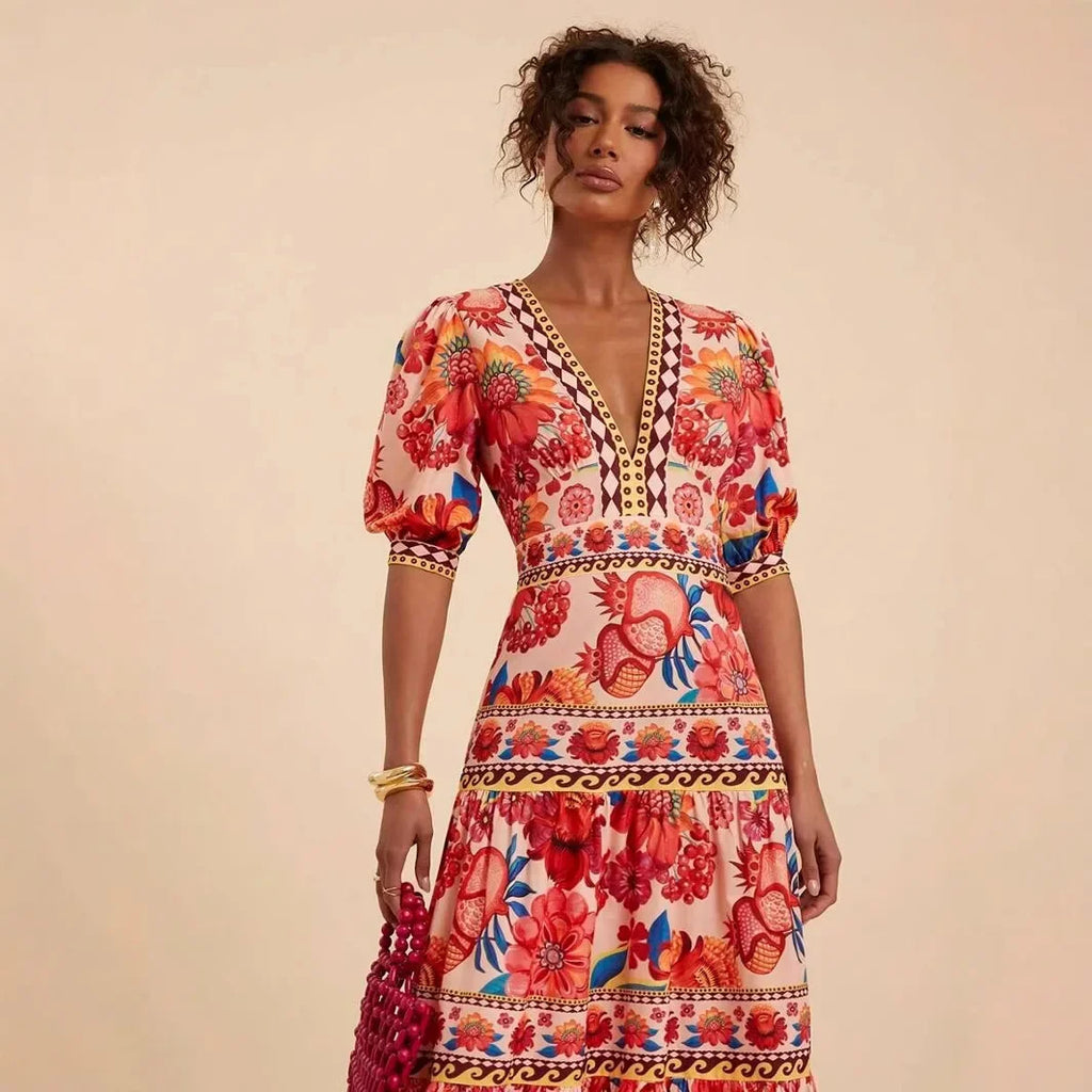 Floral Print Bubble Sleeve Maxi Dress - V-Neck Summer Dress